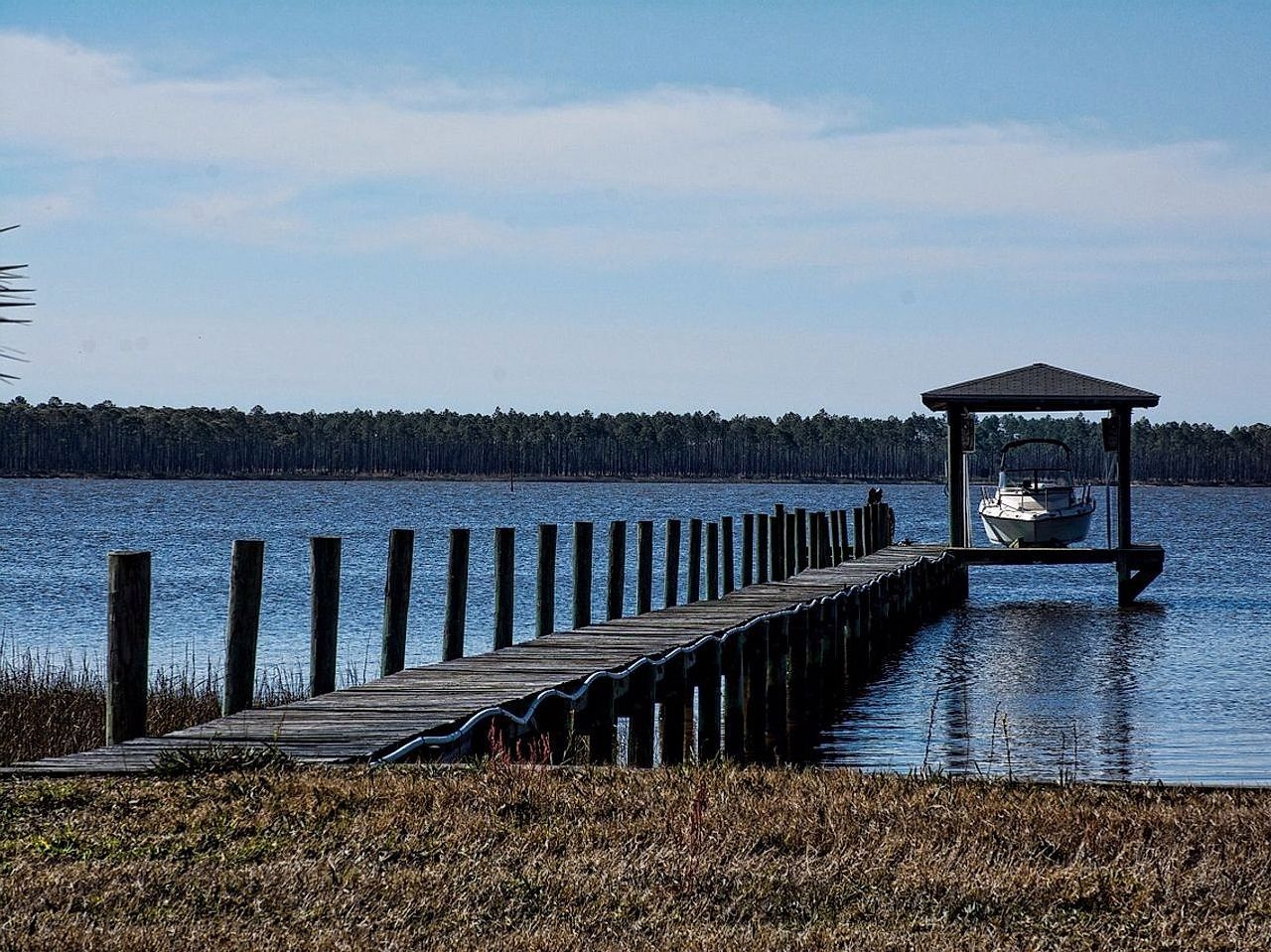 Row of timber pilings supporting a marina structure at the lake shore